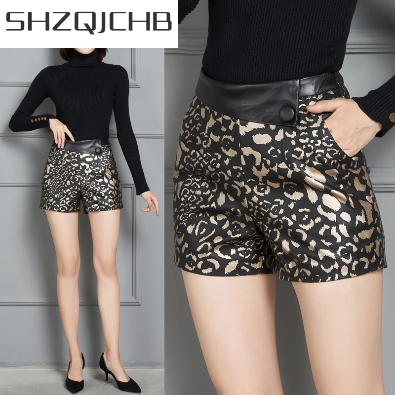 JCHB 2021 High Waist Genuine Leather Shorts Office Lady Leopard Print Asymmetric Button Zipper Pocket Women Sheepskin Shorts Spr