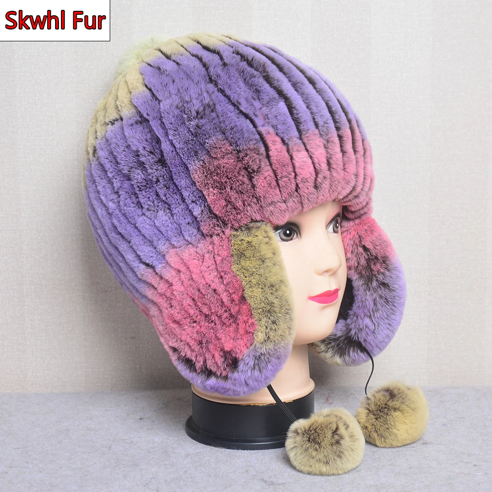 

Winter Hats For Girls Luxury Women Winter Warm Fur Hat Real Rex Rabbit Cap Striped Knitted Hat With Balls Skulls Beanies