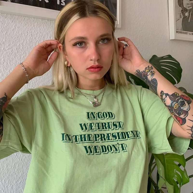 

Calelinka Slogan Letters Printed Women Cool Tshirts Green Cotton Sleeve Street Style Tees Loose Round Neck Casual Summer Tops