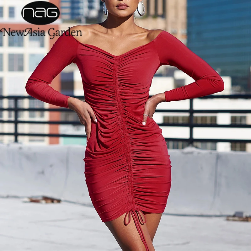 В NewAsia сад с открытыми плечами сексуальное платье Для женщин 2019 осенне зимняя