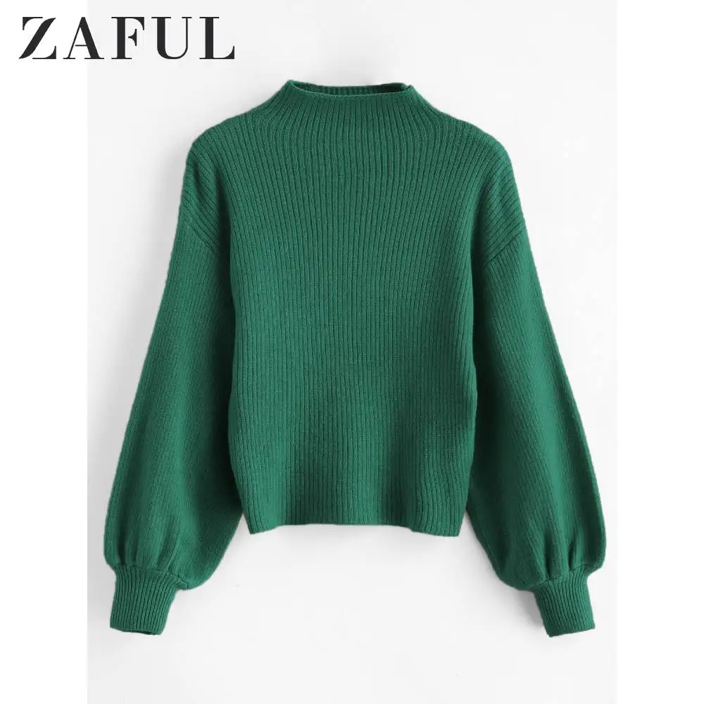 ZAFUL Ribbed Funnel Collar Sweater Bubble Sleeve Basic Slim Pullovers Autumn Winter Women Tops Sweet Daily Casual Wearing 2019 | Женская