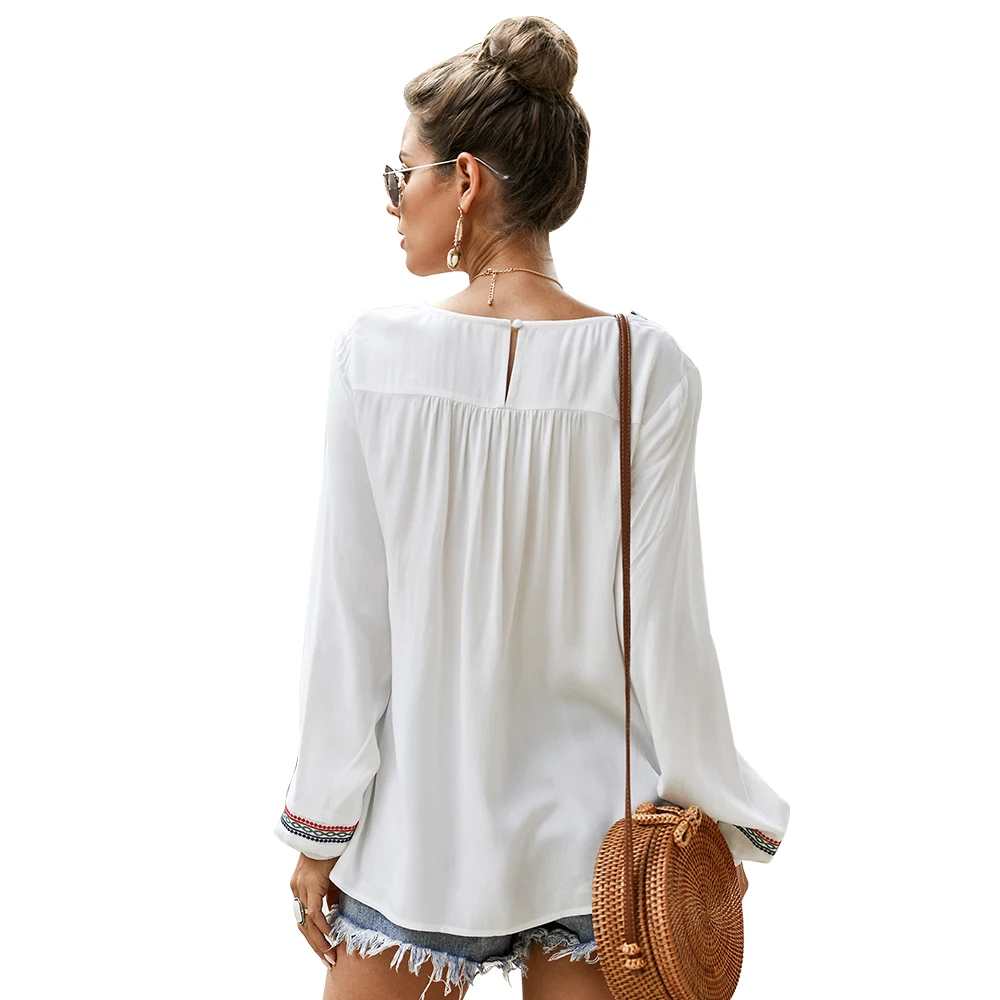 Этнические Винтажные белые блузки с цветочной вышивкой для женщин свободная