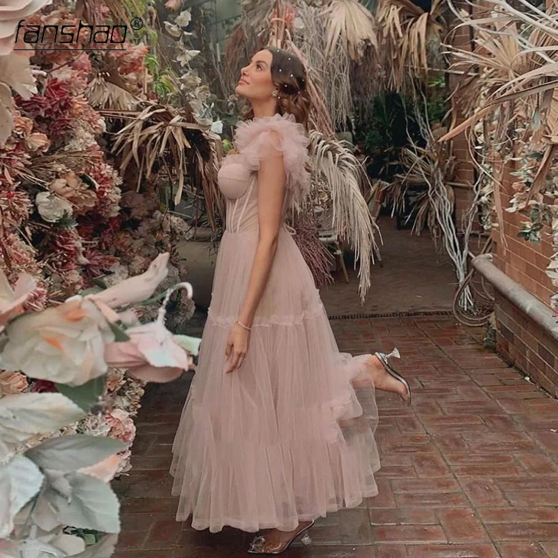 

Fanshao Real Nude Pink Evening Dresses Off The Shoulder Tieres Pleat Ruffles Graduation Gowns Robe De Soiree Illusion