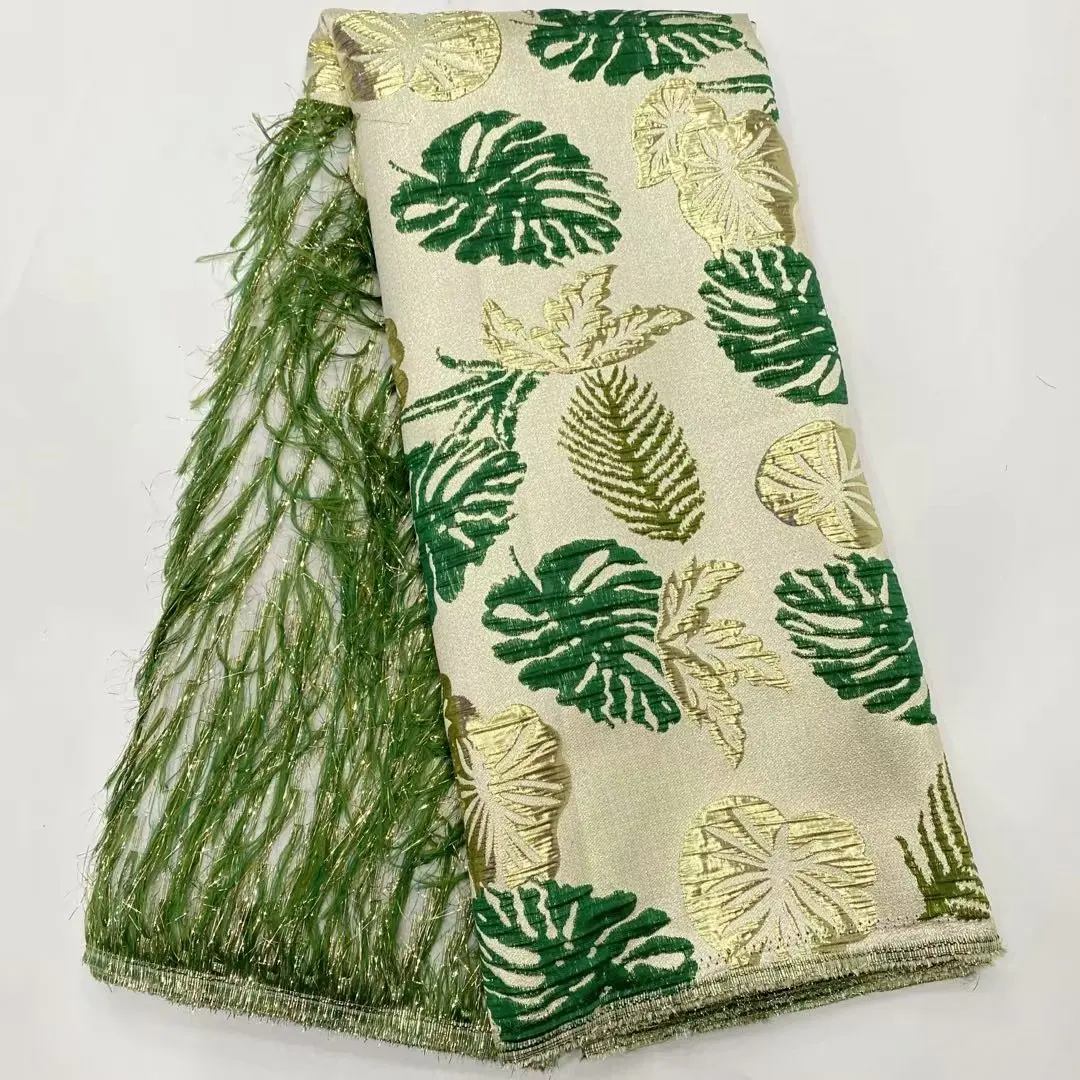 

Дизайн листьев, зеленые золотые кисточки, африканская жаккардовая ткань для платья, роскошные нигерийские материалы для одежды Asoebi для веч...
