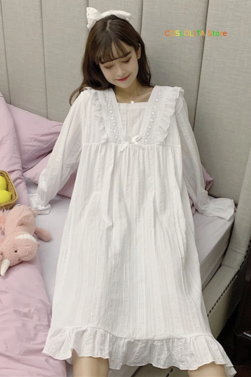 

Spring Autumn Japanese Women Long sleeve Nightdress Pullover Lace Square collar Princess Long Dress Princess sleeves Student
