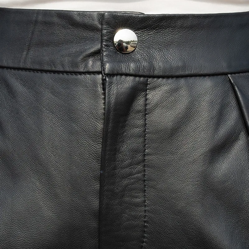

Personalized spring autumn sheepskin ANKLE PANTS back waist punk Pocket Shorts leather stripe pants