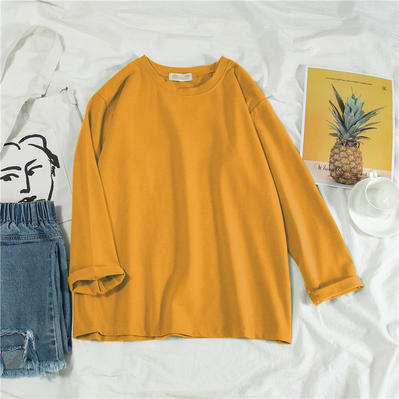 

T-shirts Women Harajuku Ulzzang All-match Korean Style Soft Loose Long Sleeve Solid O-neck Womens Clothing Chic Causal Leisure