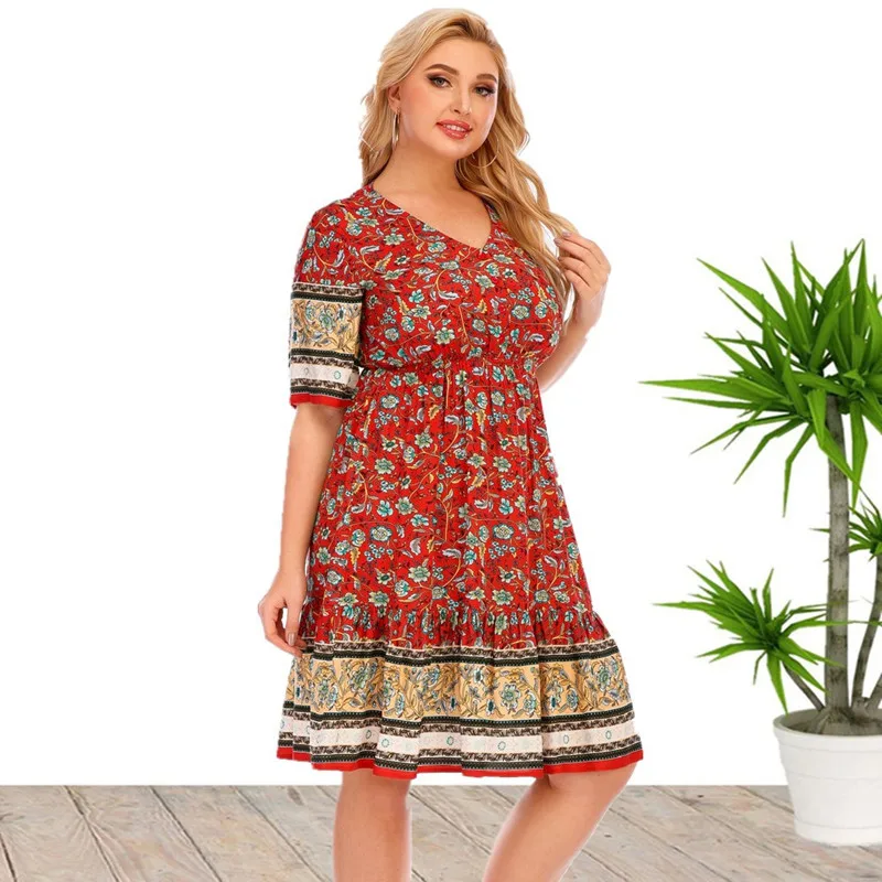 

21 Summer New Style Fashion Plus Size Women's Short-sleeved Printing, Color Matching, Knee-length V-neck Dress, Women's Clothing
