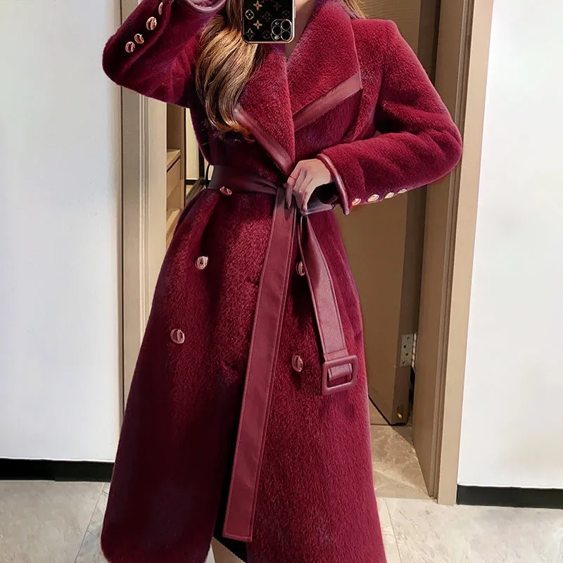 Elegant Fuax Fur Coat Women 2022 Fall Winter Lapel PU Leather Belt Overcoat Buttons Warm Long Oversized Fur Woolen Outerwear New