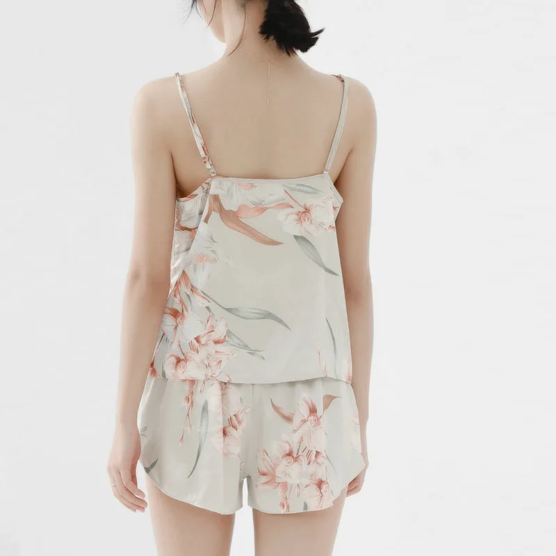 

Sumemer Women Floral Print Silk Pajama Sets Cami Short And Night-Robe Three Piece Sleepwears Cozy Home Sleeping Clothes S M L