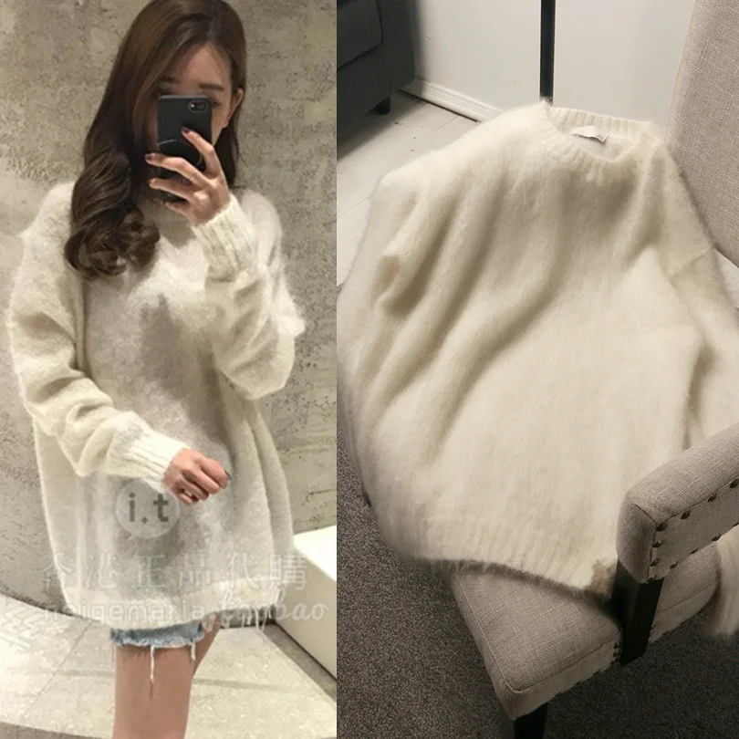

Женский мохеровый свитер V62, Белый Свободный пуловер из смешанной шерсти для осени и зимы