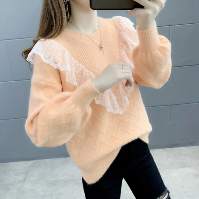 

Women 2022 Autumn Spring New O Neck Soft Warm Knitted Sweater Female Lace Stitching Lantern Sleeve Pullovers Casual Jumper Tops