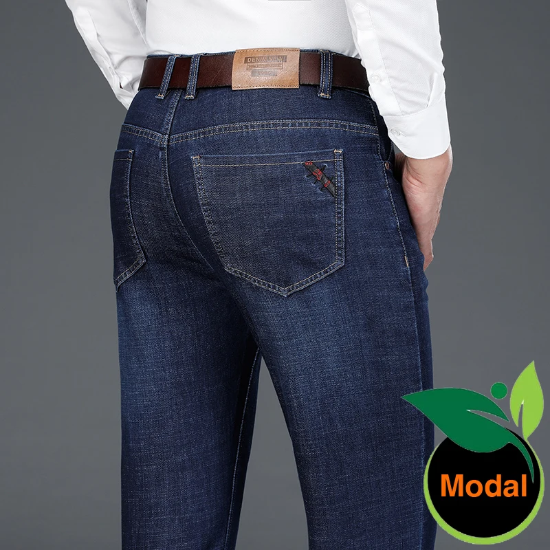 

2021 Autumn New Modal Cotton Men's Business Straight Loose Jeans Classic Style Blue Black Denim Trousers Male Brand Clothes