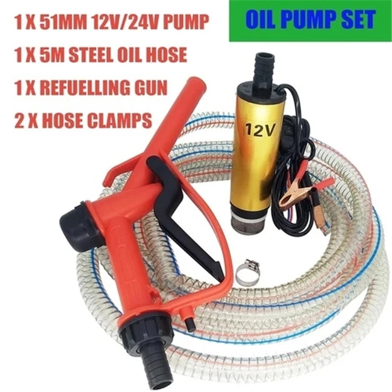 

Oil Pump Refueling Gun Combination Set Electric Submersible Pump 5 meter Steel Oil Hose Submersible Fuel Pump DC 12V/24V