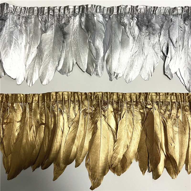 2Meters Gold Silver Dipped Goose Feathers for Needlework Decoration on Tape Trims Fringe Ribbon Feather Trim Crafts Dress - купить по