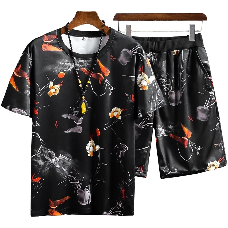

Men T-shirt + Shorts Set Summer Breathable Casual T Shirt Running Set Fashion Print Harajuku Male Sport Suit 2021 New