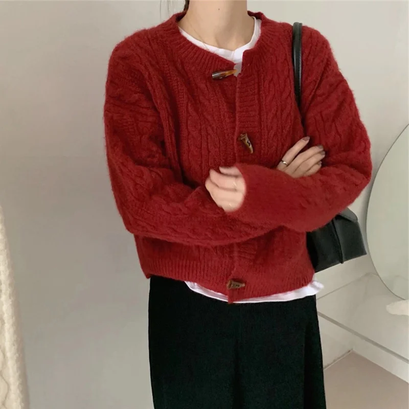 

Winter Vintage Knitted Cardigans Sweater Women Korean Soft Warm 5 Colors Coat Ladies O-neck Long Sleeve Female Clothing