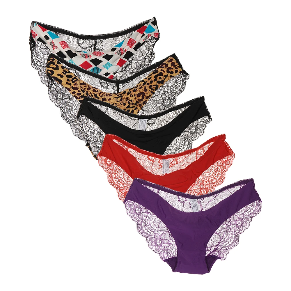 5pcs/lot S-2XL Women's Lace Panties Low Rise Underwear Leopard Candy Color Sext Briefs Ladies Panties
