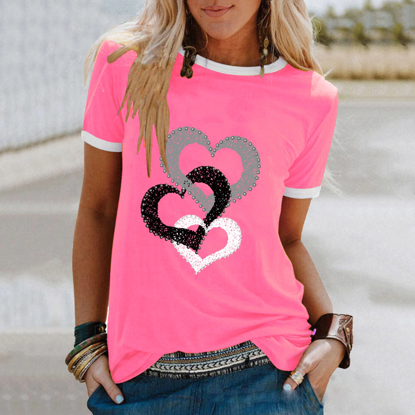 

Summer Women New Fashion Chain Love Printed T-Shirts Casual Short Sleeve Cotton O-Neck Tops