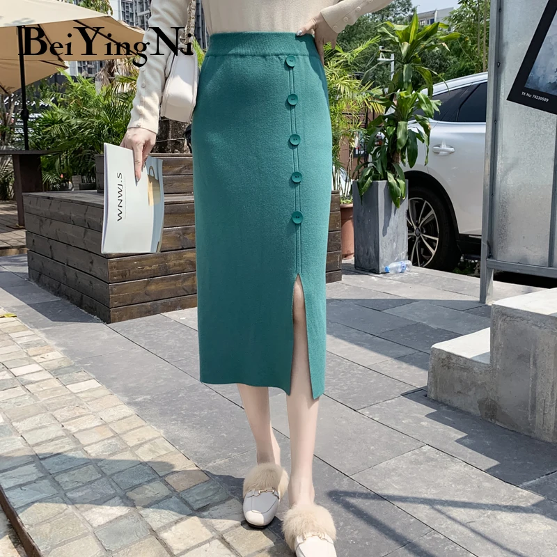 

Beiyingni 2020 Fashion Midi Skirt Buttons Split Vintage Elastic High Waist Package Hip Autumn Winter Thick Warm Saia Femme Jupes