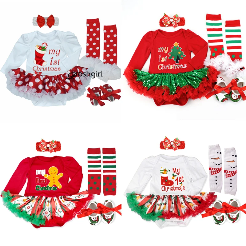 

Christmas Girls Baby Sets Newborn Lace Tutu Romper Dress Jumpersuit+headband+shoes 4pcs Set Santa Claus Bebe First Birthday Gift