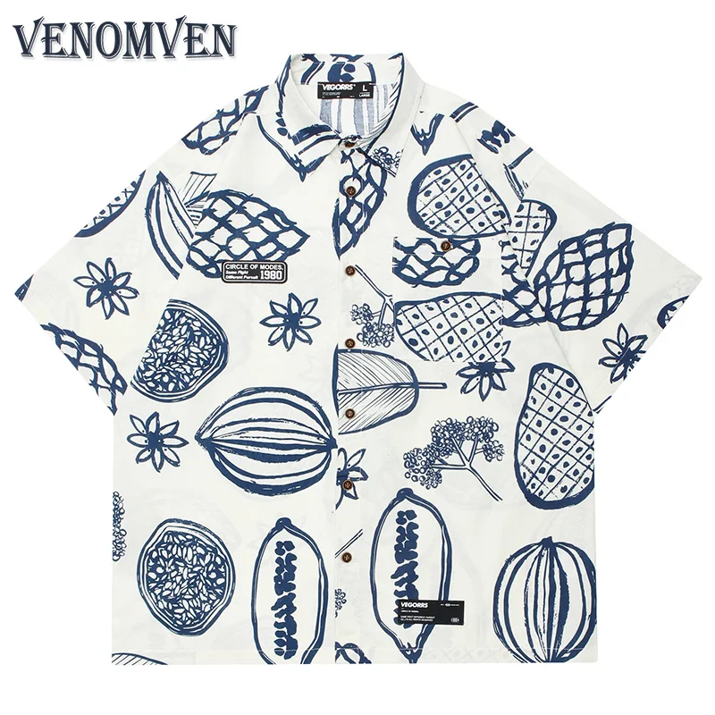 

Korean Streetwear Fashion Oversized Shirt Men Fruit Pattern Hawaiian Shirt Aesthetics y2K Harajuku Punk Button Shirt Women