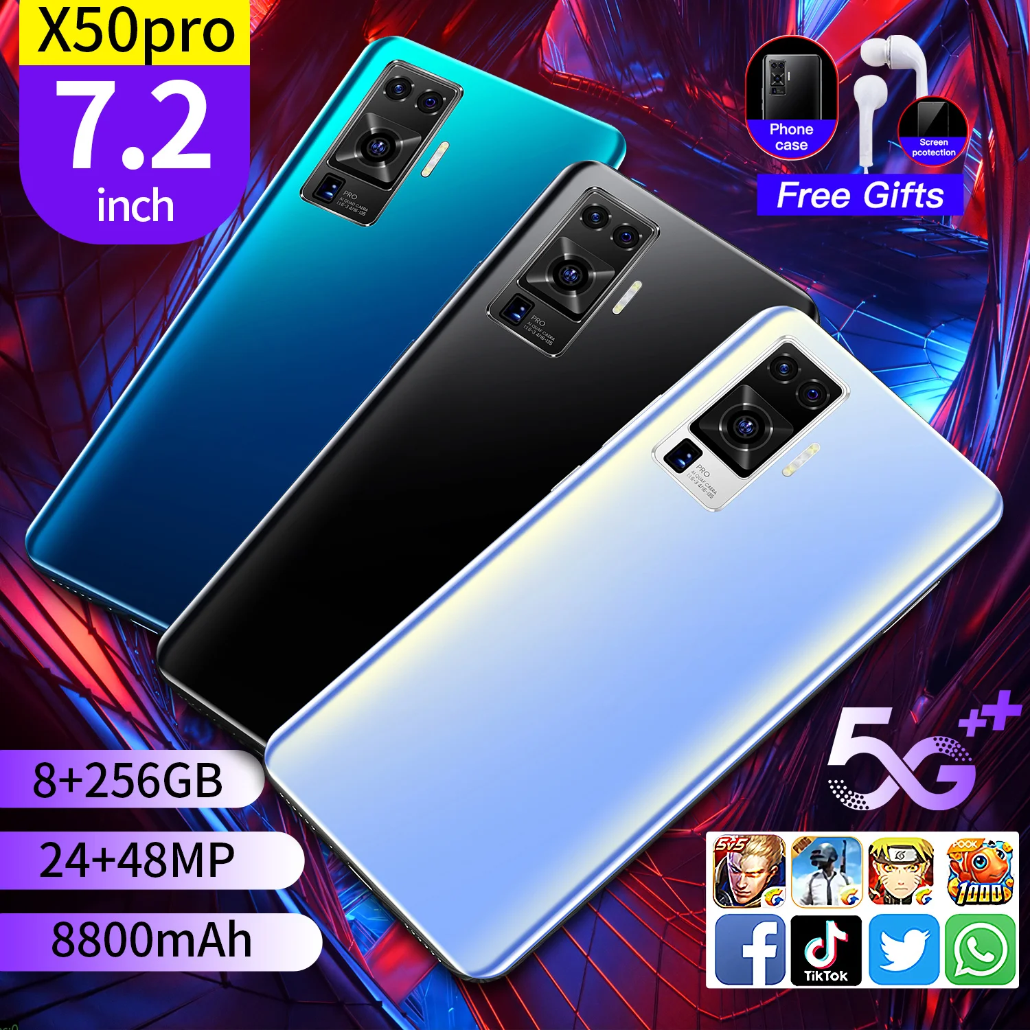 

7,2 дюймов 4G/5G распознавания смартфон 8 + 256 ГБ большой объем памяти также мобильный телефон с двумя сим-картами Bluetooth Камера Android 10,0 десять осно...