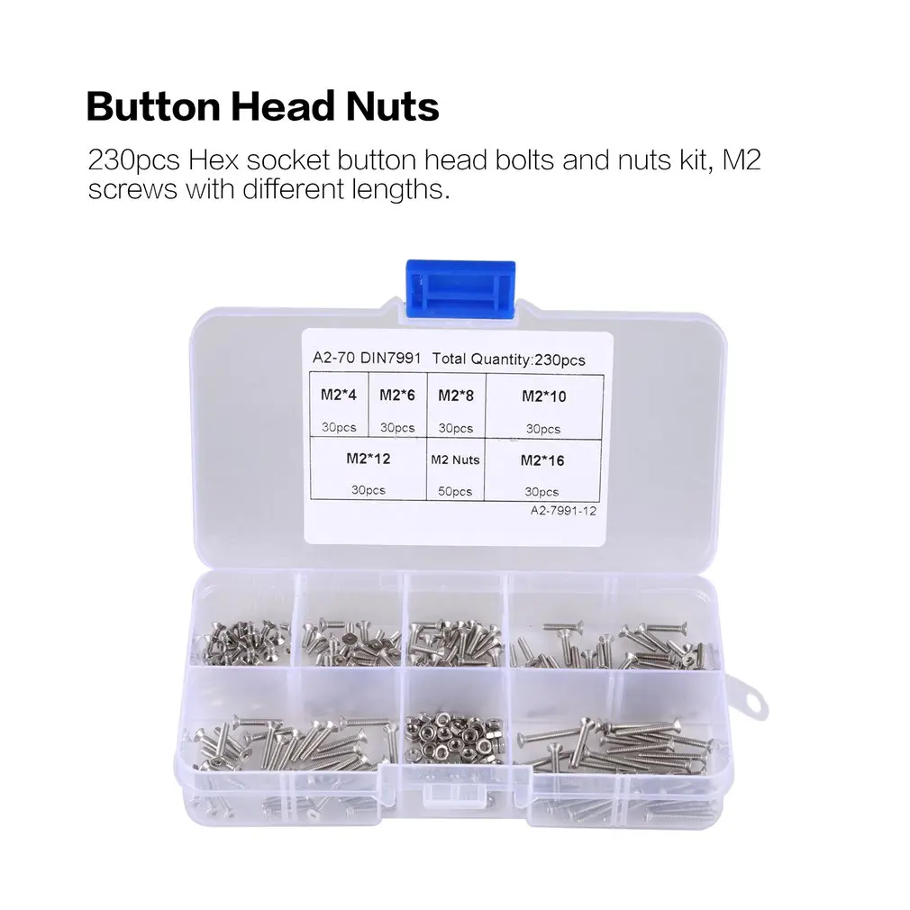 230PCS M2 Hex Socket Button Head Bolt Screw Thread For Wood Insert Furniture Nuts Assortment Fastener Stainless Steel | Обустройство