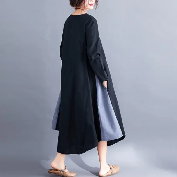 Женское винтажное платье из хлопка и льна Черное Длинное свободное Повседневное