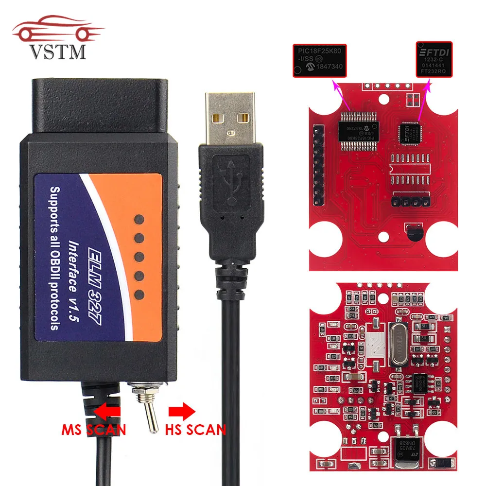 2019 Оригинальный OBD2 ELM327 V1.5 Pic18f25k80 USB FTDI чип с переключателем для Forscan HS CAN/MS CAN
