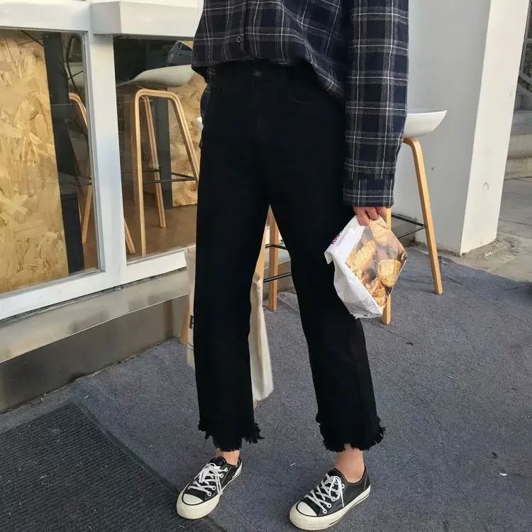 Джинсы для женщин 2019 лето осень бойфренд с высокой талией бахромой пуш ап