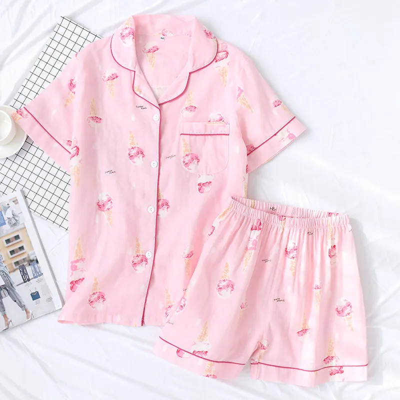 Summer Pajamas Set Women Pure Cotton Gauze Soft Short Sleeve Sleepwear with Shorts Ice Cream Ladies Homewear Loose Comfortable