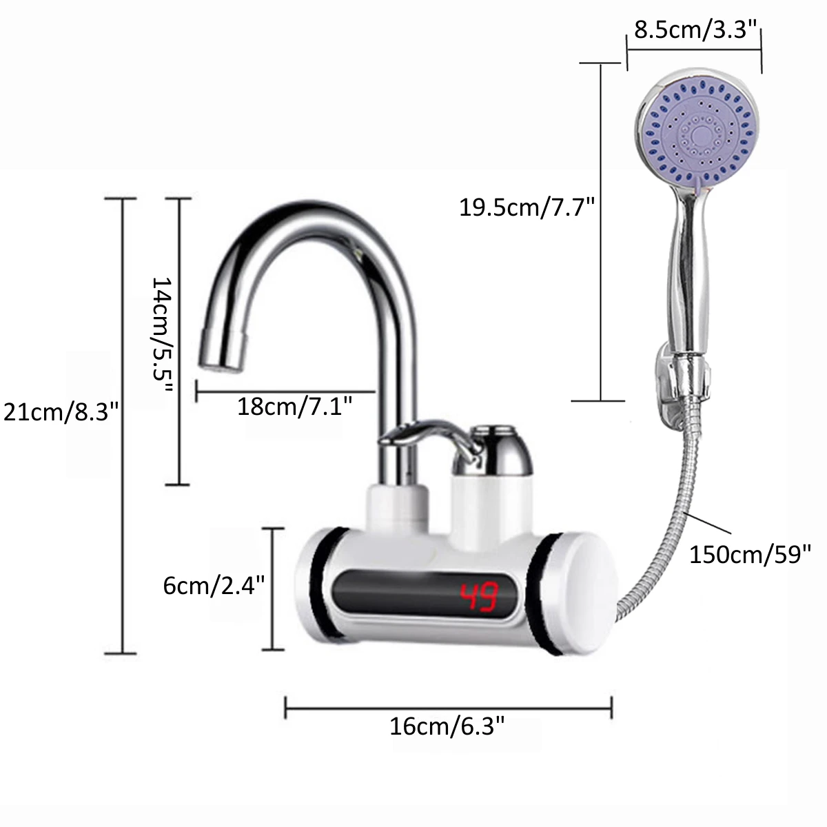 

3000W 220V Instant Electric Faucet Tap Hot Water Heater Stainless Steel Under Inflow LED Display Water Heater+Shower