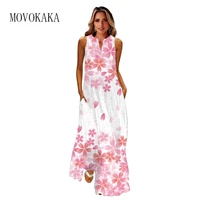 movokaka spring summer long dress women beach holiday casual v neck pink flower print dresses party elegant female maxi dresses