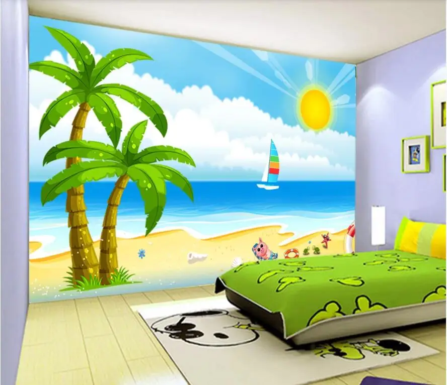 

3d шелковые обои на заказ, Мультяшные красивые пляжные кокосовые обои, декор для детской комнаты, гостиная, Настенная бумага для стен 3 d