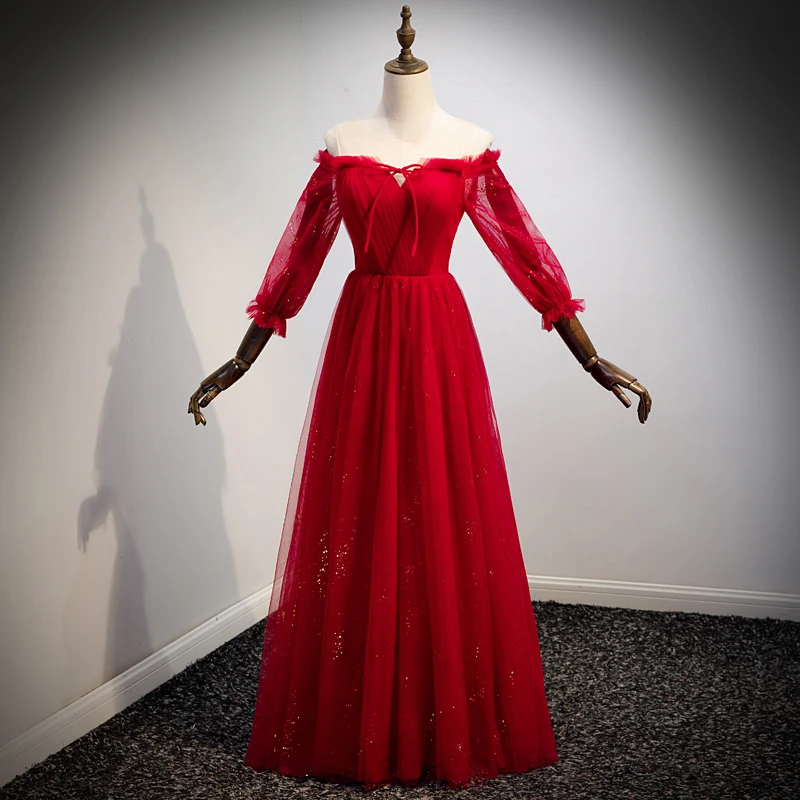 

Evening Dress Boat Neck Simple A-line Floor-length Lace Bling Three Quarter Sleeves Plus size Party Formal Dresses Woman R1448