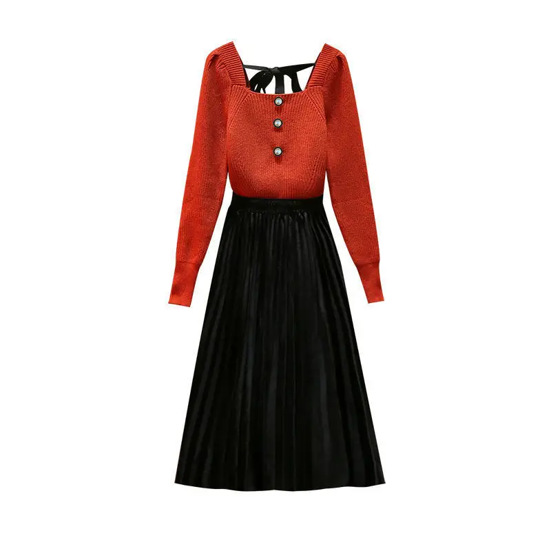 

Women Oversized Red Sexy Sweater Black Skirt Two-piece Set 2021 Spring Autumn Female New Elegant Solid Sweater Dress Suits