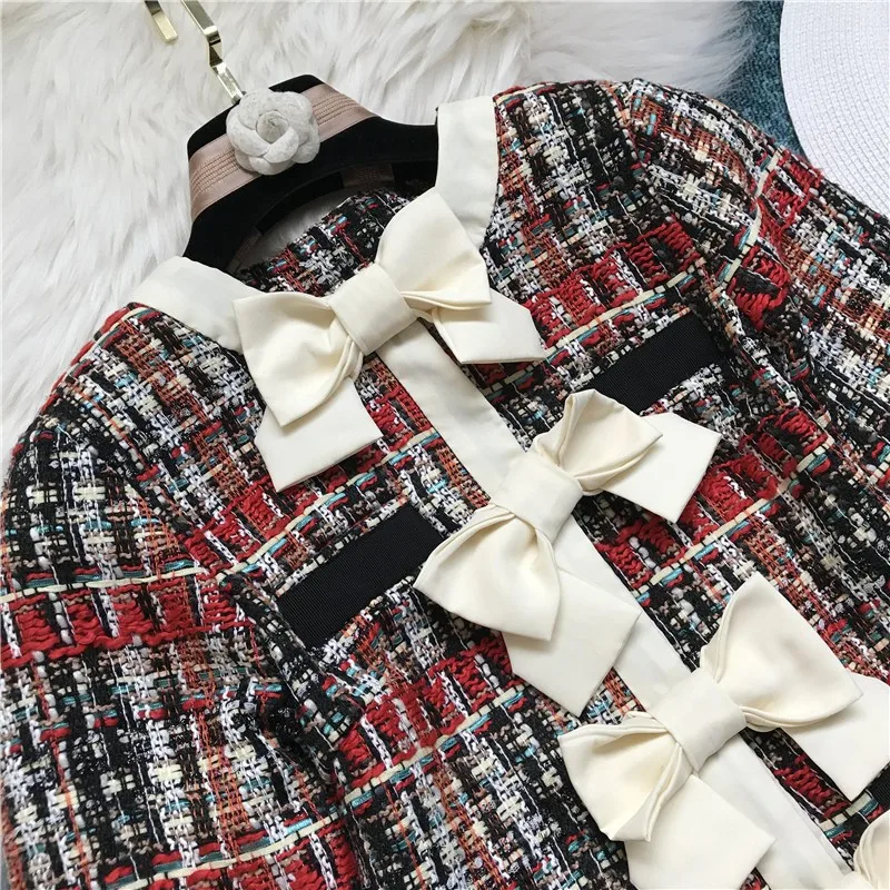 

Luxury Striped Plaid 2 Piece Set Women Outfits Bow Short Slim Fit Jacket Coat Sexy A Line Mini Skirt OL Style Female Clothing
