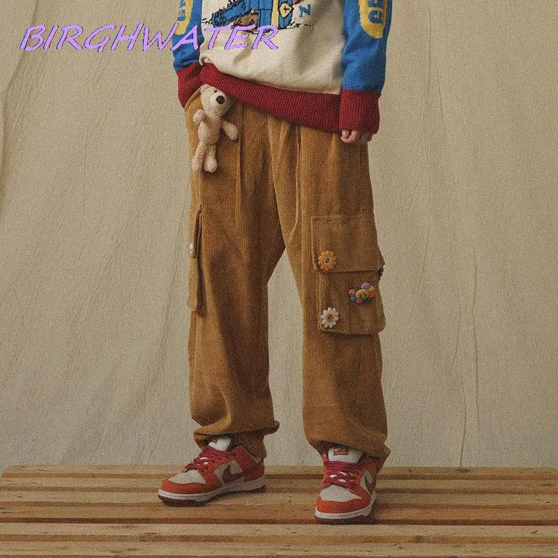 

Japanese Streetwear Corduroy Pants Women Vintage Brown Casual Cargo Pants Pockets Oversized Korean Wide Leg Trousers Female