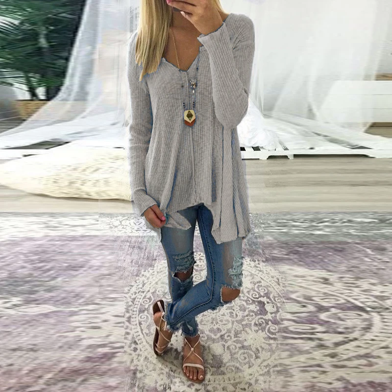 Женский свитер с длинным рукавом однотонный треугольным вырезом тонкий