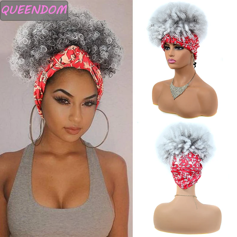 

Короткие парик с головной повязкой синтетические 14 дюймов Омбре Коричневые Серые афро кудрявые парики с шарфом с высокой пышкой тюрбан обе...