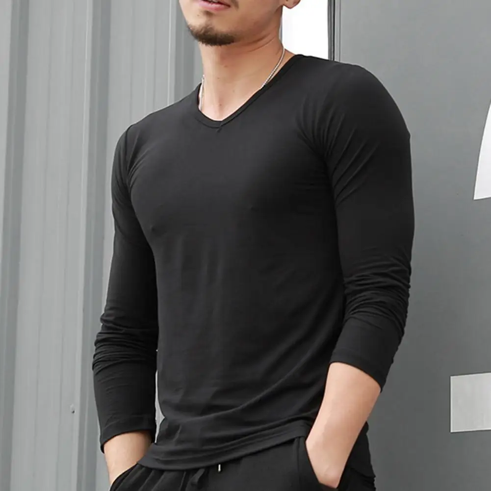 

Tee Shirt Solid Color Lightweight All-matched Solid Color V Neck Bottoming Shirt Men T-shirt Male Clothing
