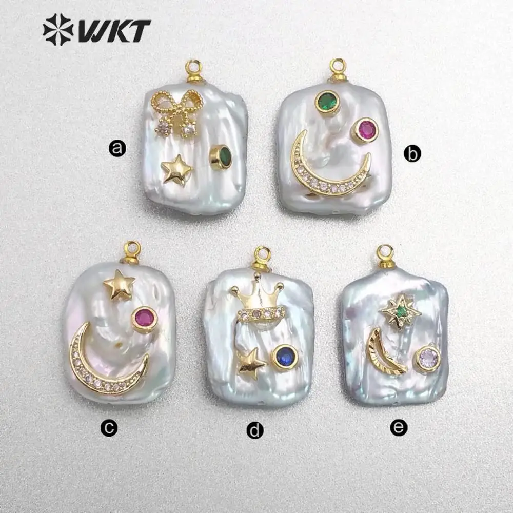 WT-MP136 Natural Freshwater Pearl&ampCZ Pave Pendant Square Shape With Gem stone pave Star Crescent Crown Bow Charm | Украшения и
