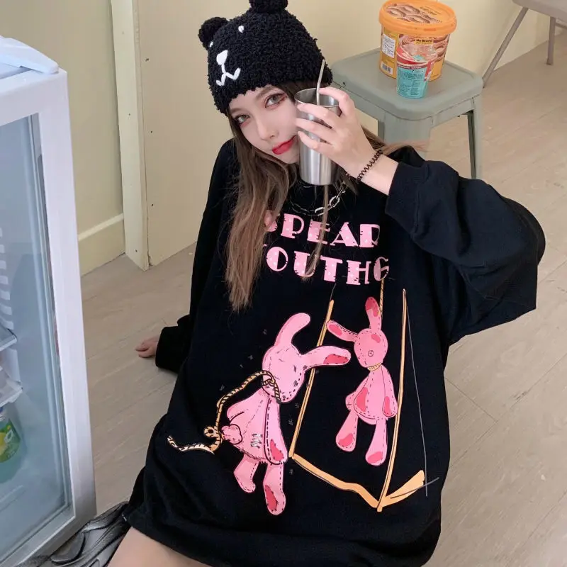 

Autumn And Winter New Harajuku Round Neck Female Korean Version Loose Lazy Style Japanese Cartoon Mid-Length Coat Trend