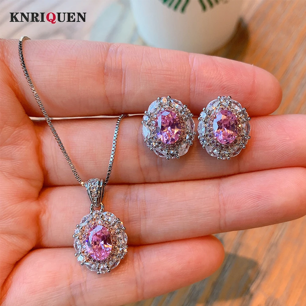

2021 925 Sterling Silver Pink Quartz Pendant Necklace Earrings High Carbon Diamond Wedding Party Fine Jewelry Set Gift for Women