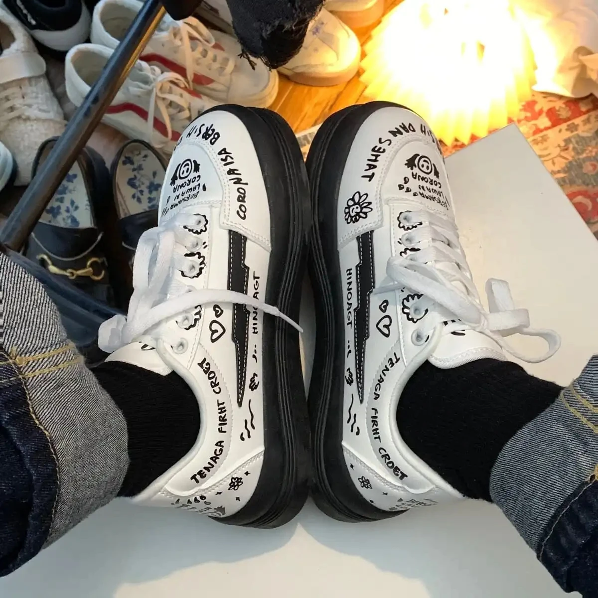 

Lolita Shoes Women's Sneakers Students Graffiti Kawaii White Casual Sports Fashion Girl Loli Cosplay Flat Tennis 2022