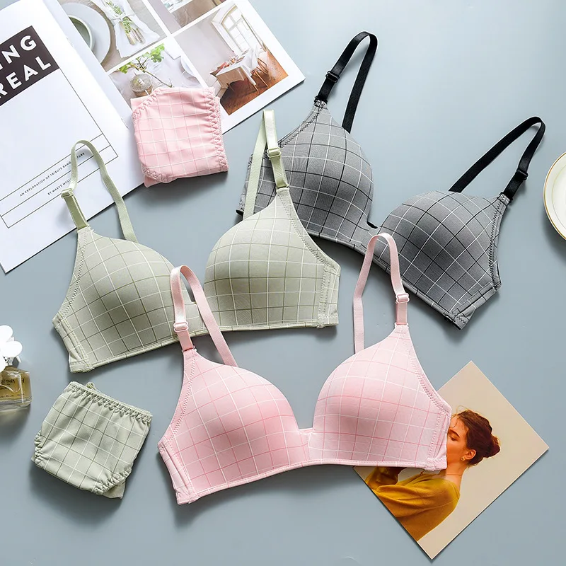 

Roseheart New Women Fashion Black Pink Sexy Lingerie Straps One-Piece Plaid Bras Cotton Panties Padded Wireless Bra Set A B