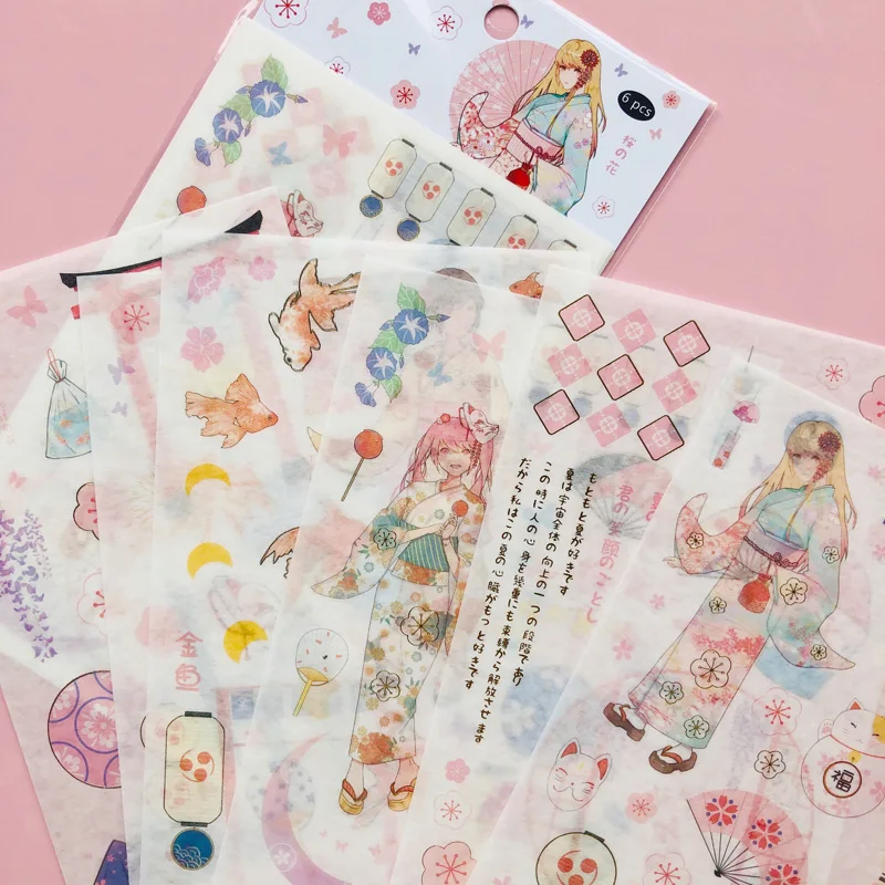 

6 Sheets Pink Golden Stamp Sakura Girls Washi Paper Sticker Adhesive Stick Label