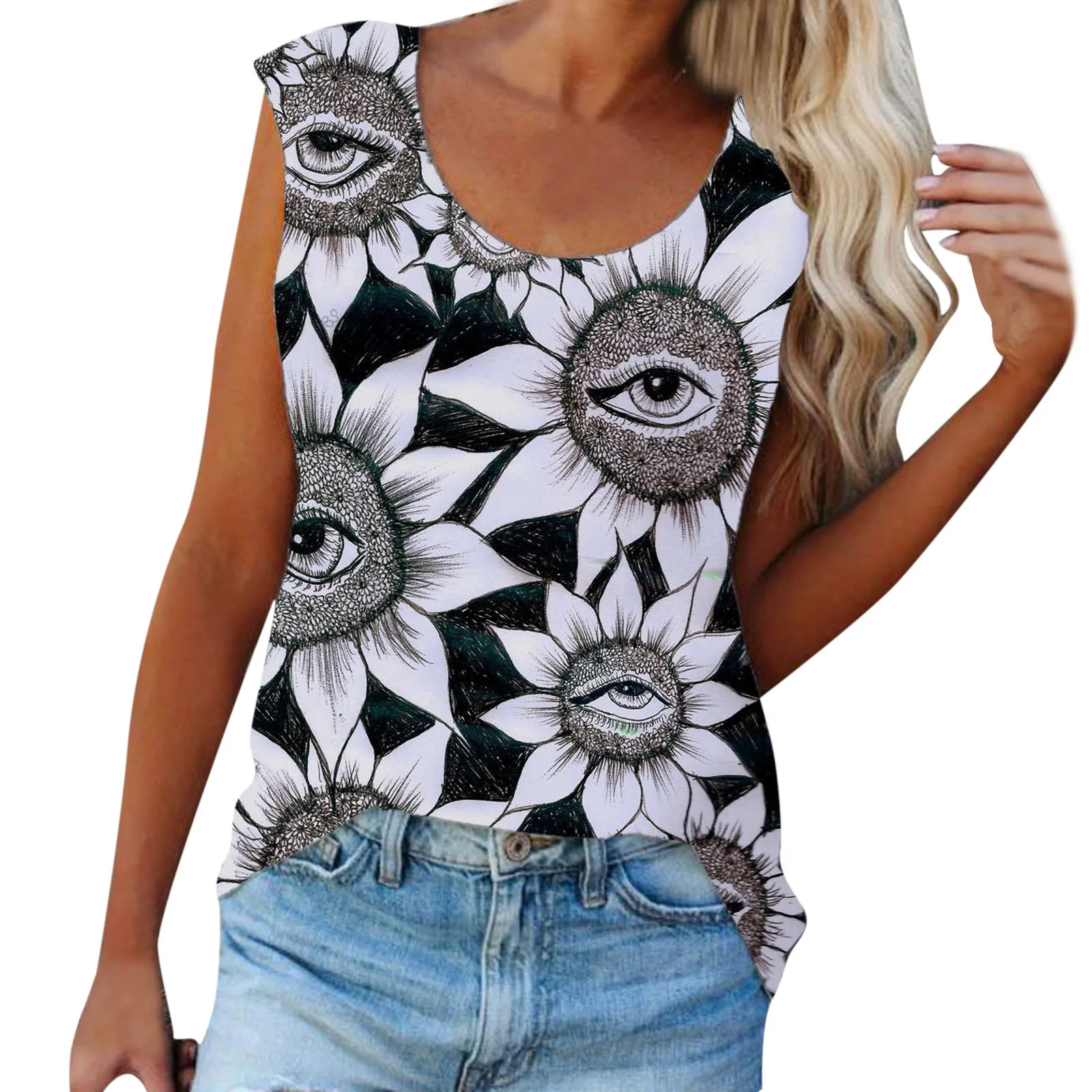 

Women's Fashion Round Neck Printed Sleeveless Vest T-shirt Loose Tank Top