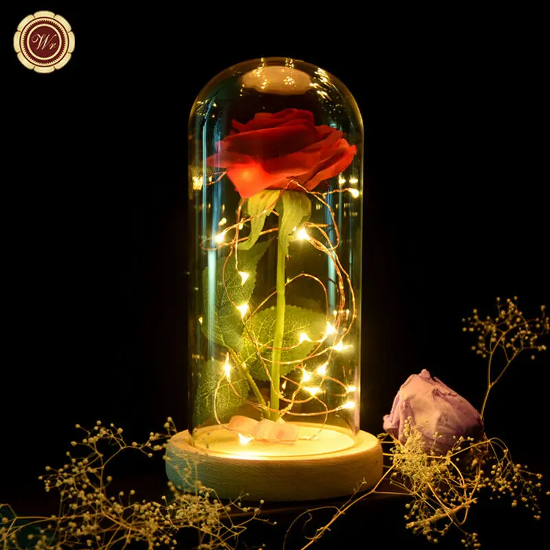 Red Rose Light Light Лидер продаж, красивая и чудовищная Роза из золотой фольги, светодиодный светильник, искусственные цветы в стеклянном куполе, вечерние украшения, подарок для девочек - Цвет: Red Rose Light Light